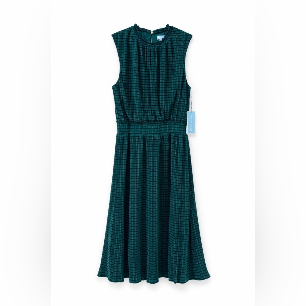 Draper James Smocked Waist Sleeveless Midi Dress Green Navy Plaid NWT Size S